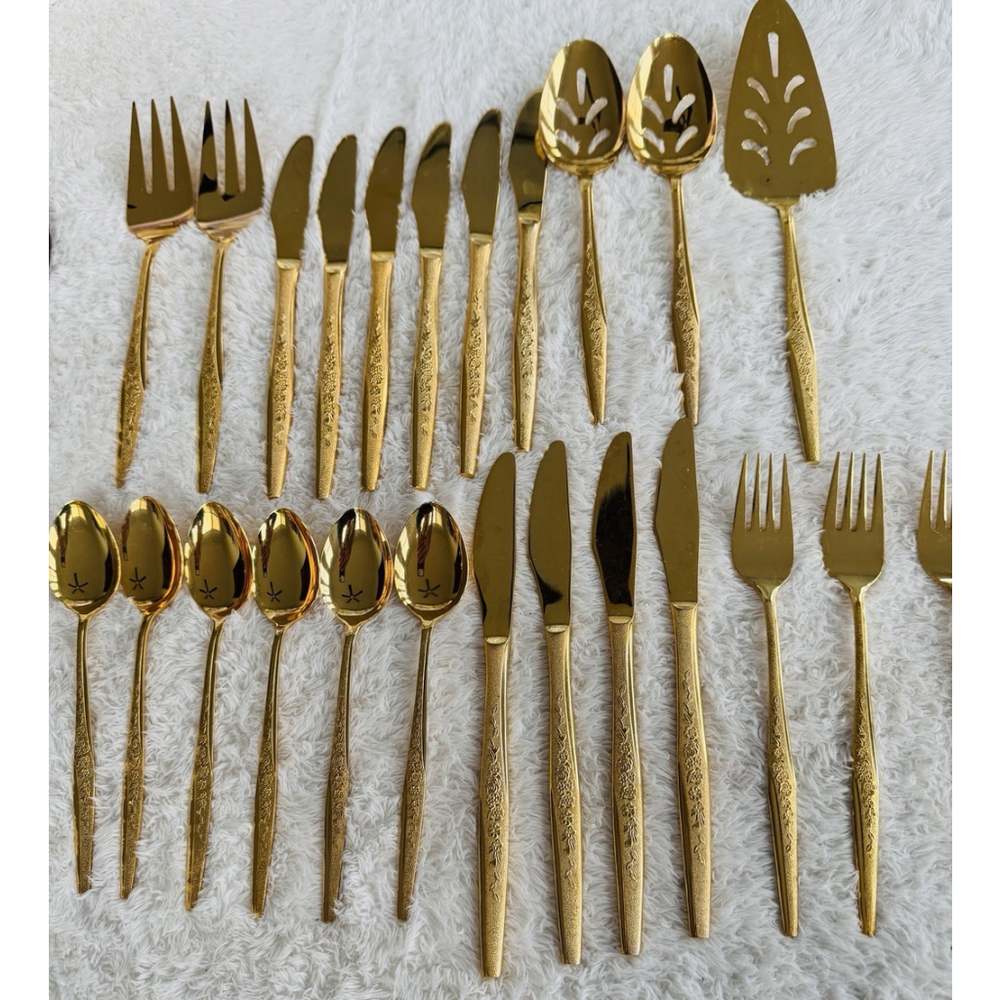 Golden Bouquet 24 kt Gold Electroplate 24 Pieces Flatware & Serving 1980’s - Picture 4 of 16